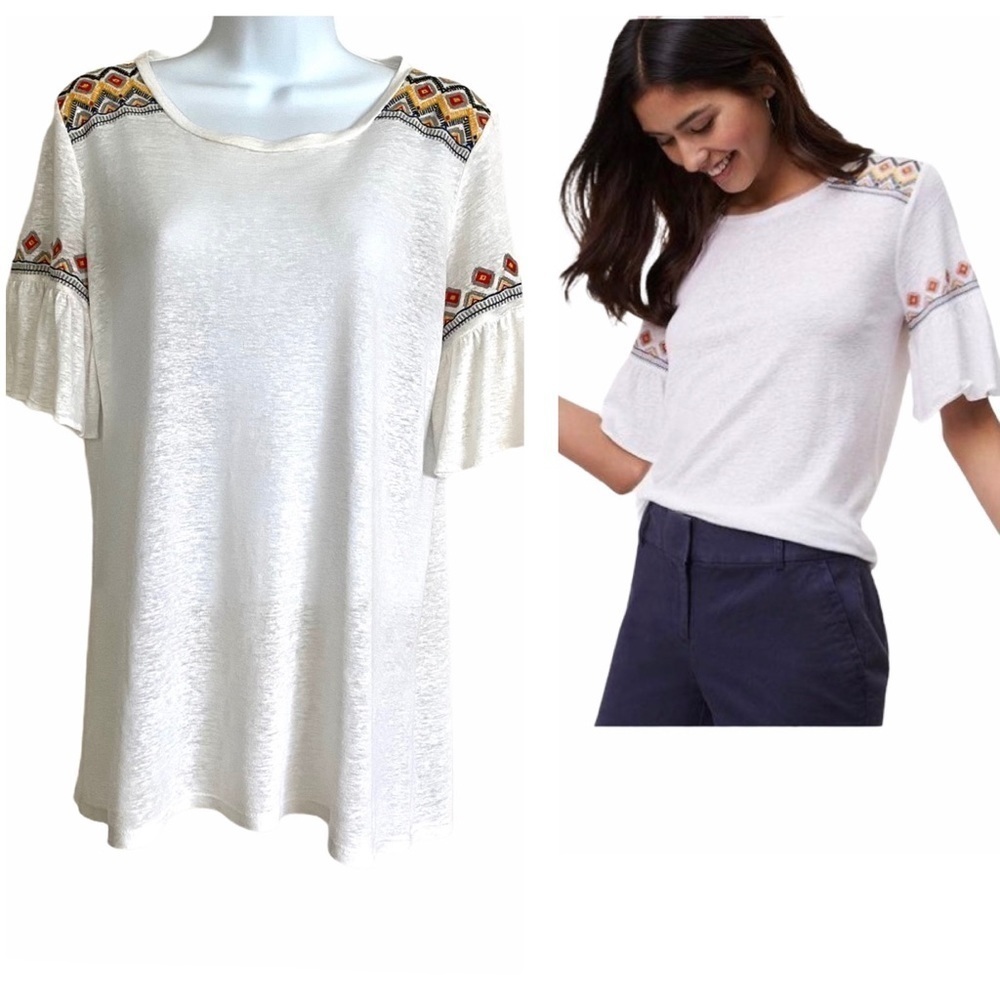 Loft Ivory Linen-blend Embroidered Tee Shirt XS Blouse Top Aztec Ruffle Boho